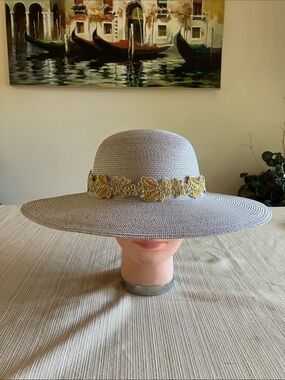 Chic Taupe Wide-Brim Straw Hat with Gold Embroidered Floral Trim